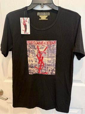 Vintage NWT Yves Saint Laurent Black Tee with Red Logo Graphic